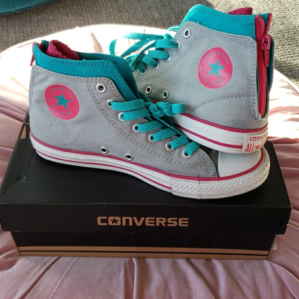Converse zip back hi top grey, hot pink, teal